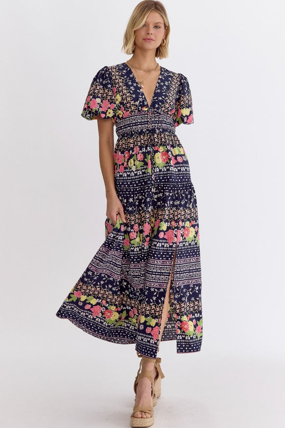 Navy Floral Midi  Dress