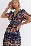 Navy Floral Midi  Dress