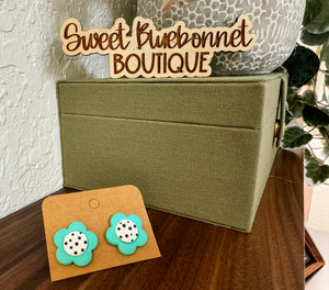 Teal Polka Dot Flower Clay Earrings