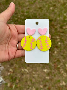 Heart Softball  Dangle Clay Earrings (ETA 3 WEEKS)